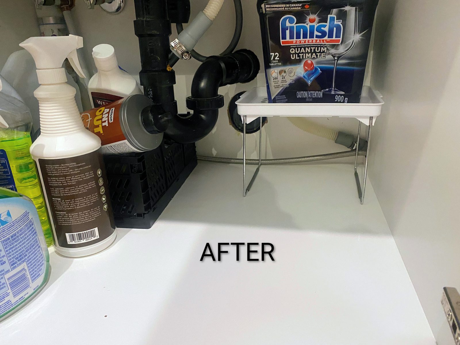 After — under-sink space scrubbed and neatly organized